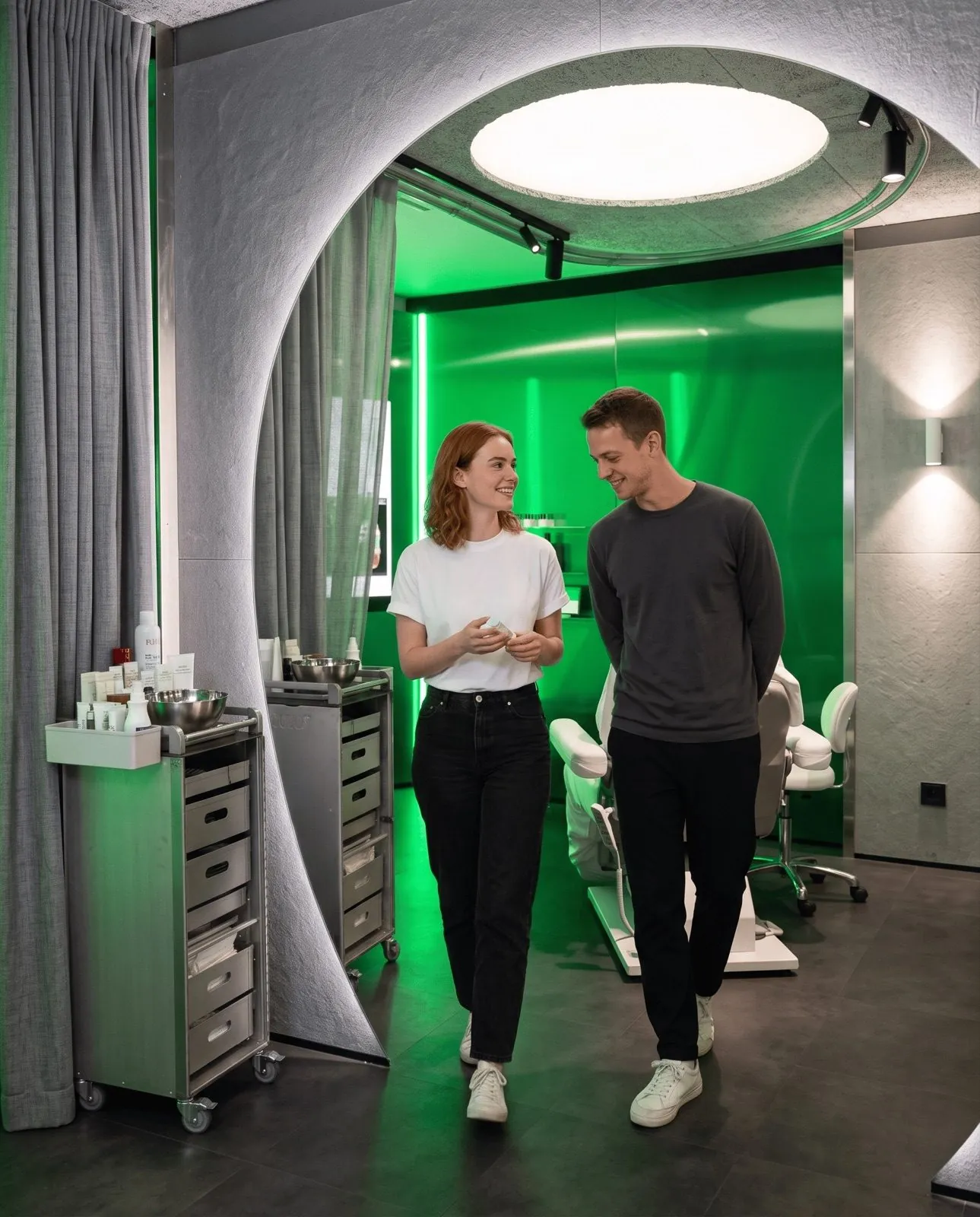 Zwei Menschen im Gespräch im grün beleuchteten TEO SKIN Studio Berlin
