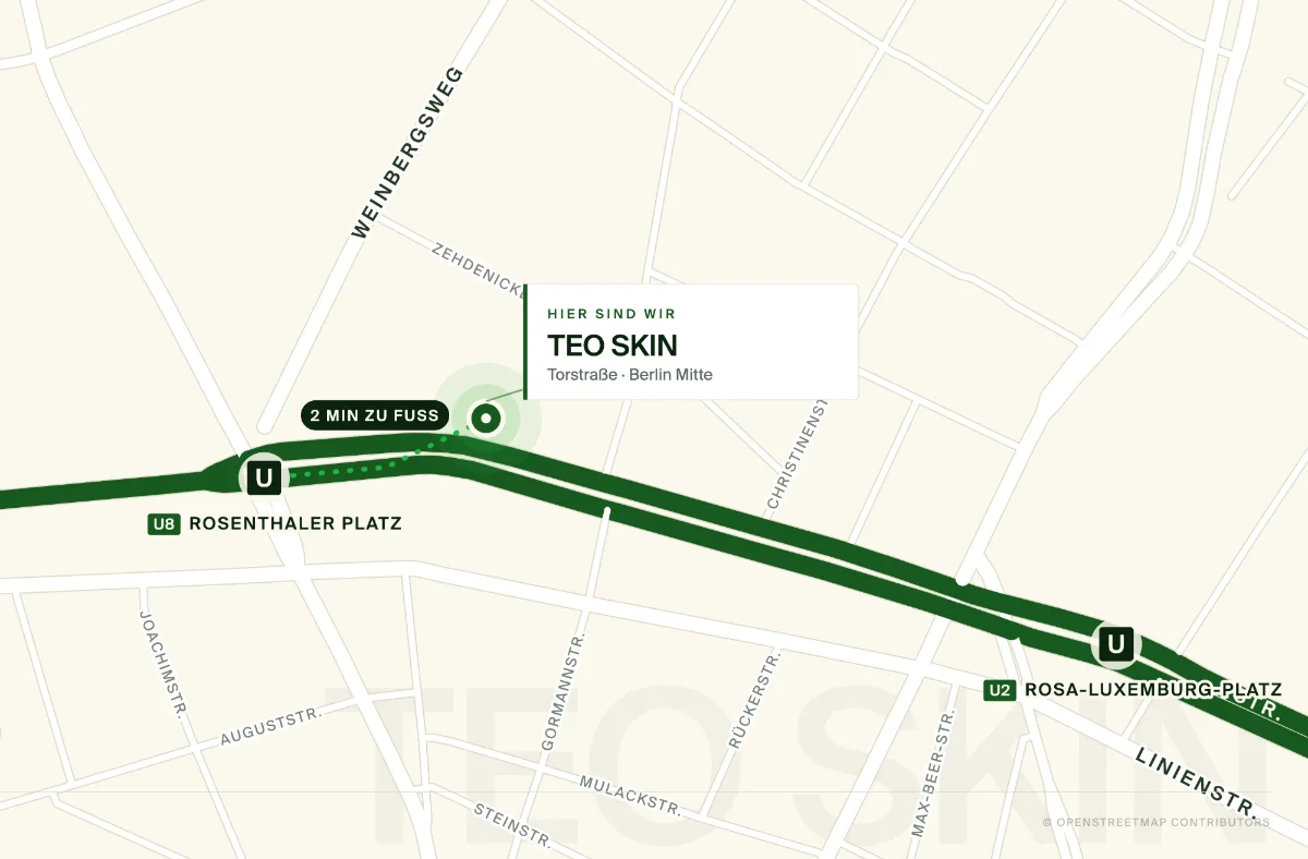 Karte: TEO SKIN in der Torstraße 103 in Berlin Mitte, zwei Minuten zu Fuß vom U-Bahnhof Rosenthaler Platz (U8)